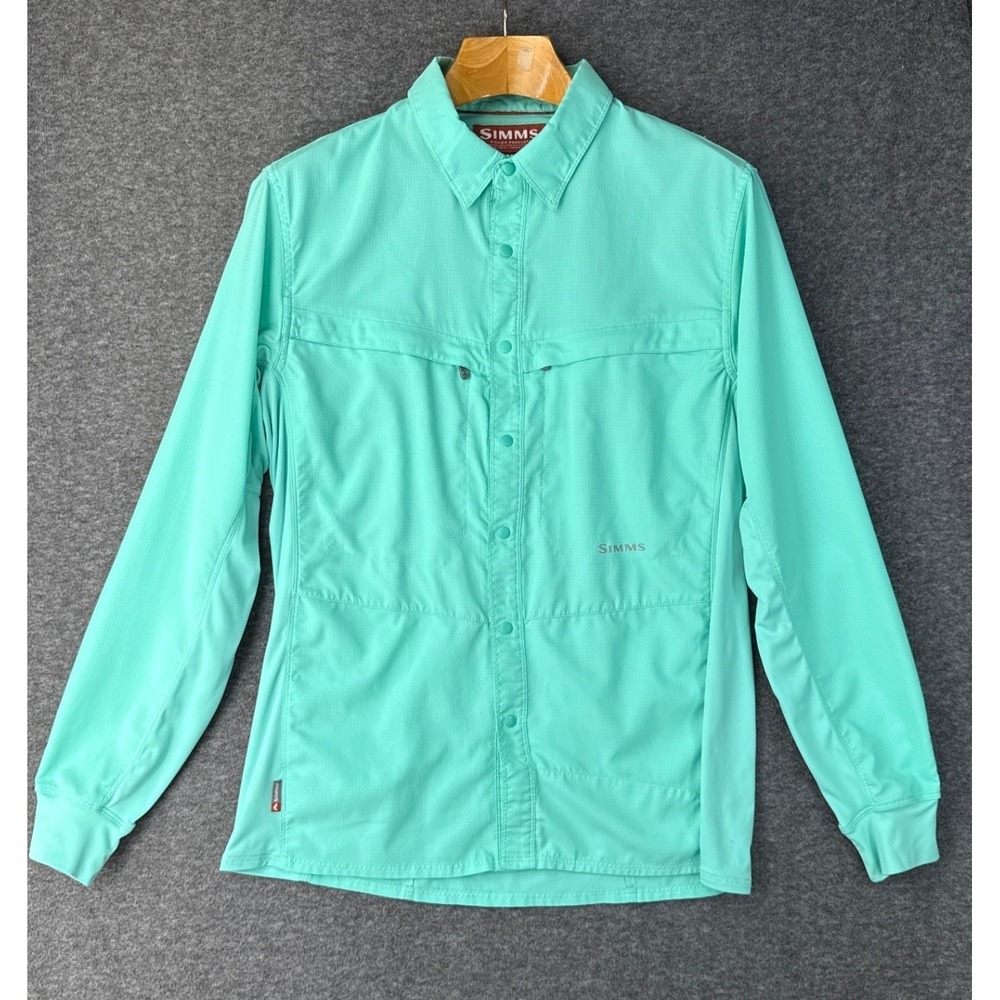 Simms Green Ripstop Long Sleeve Fishing Shirt Snap Front Womens Size M Pockets
